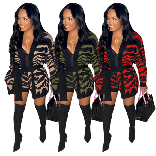 Handmade knitted leopard print sweater jacket+shorts set