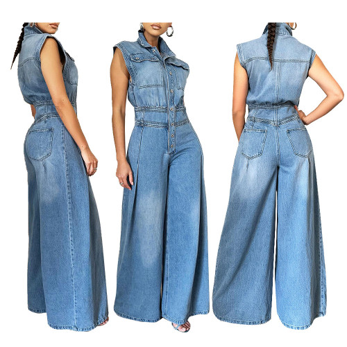 Washed sleeveless denim jumpsuit wide leg pants