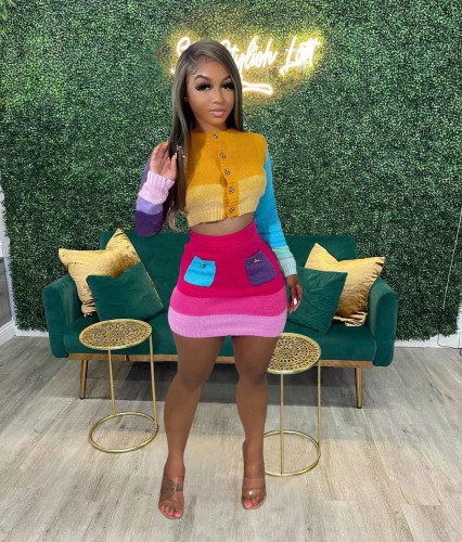 Handmade knitted contrasting short skirt set