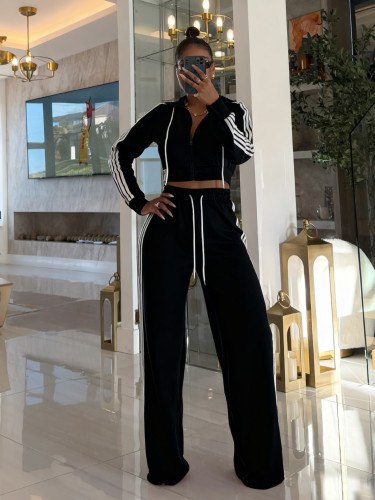 Ribbon wide leg pants+slim fit jacket sports suit