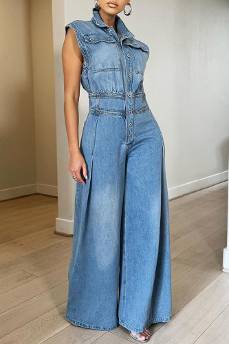 Washed sleeveless denim jumpsuit wide leg pants