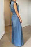 Washed sleeveless denim jumpsuit wide leg pants