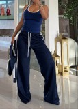 Ribbon wide leg pants+slim fit jacket sports suit