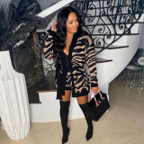 Handmade knitted leopard print sweater jacket+shorts set