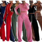 Ribbon wide leg pants+slim fit jacket sports suit