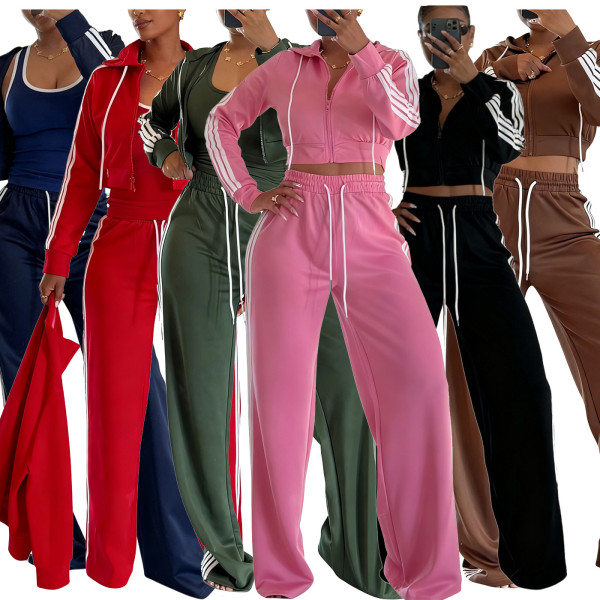 Ribbon wide leg pants+slim fit jacket sports suit