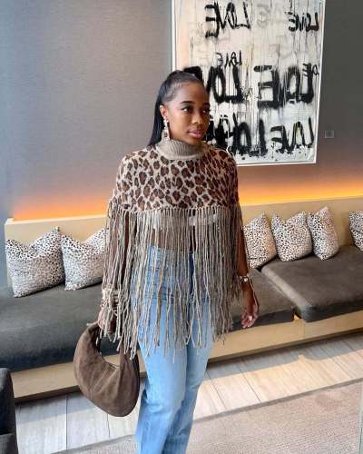 Leopard print fringe knit top