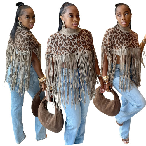 Leopard print fringe knit top
