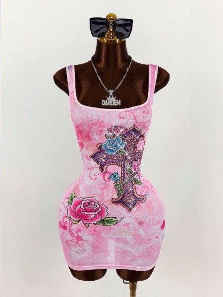 Printed waist-cinching U-neck figure-hugging short dress with backless straps
