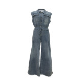Washed sleeveless denim jumpsuit wide leg pants