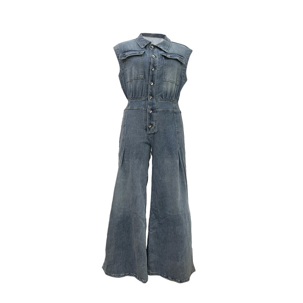 Washed sleeveless denim jumpsuit wide leg pants