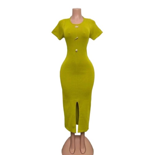 Gold metal buckle slit solid color long skirt round neck short sleeved hip hugging dress