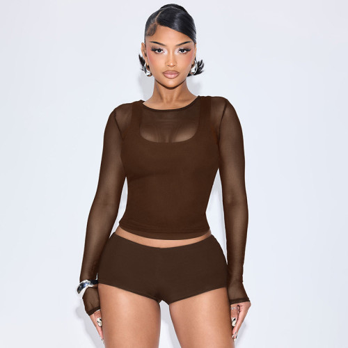 Backless mesh long-sleeved top, tight shorts, leg warmers, and four-piece set