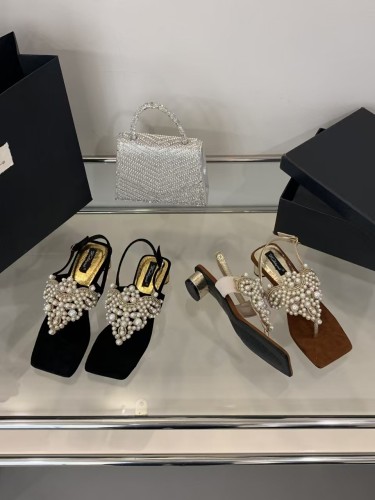 Pearl rhinestone bohemian style flat bottomed small root toe flip flops