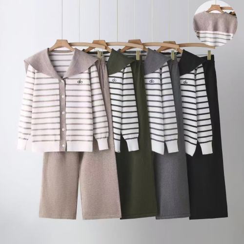 Navy collar striped top, high waist wide leg pants knit suit