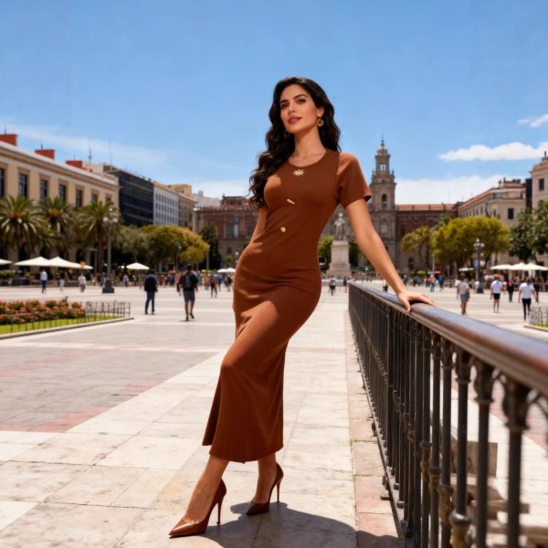 Gold metal buckle slit solid color long skirt round neck short sleeved hip hugging dress