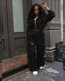 Hooded Zipper Sweatshirt with Pockets and Wide-Leg Pants Two-Piece Set