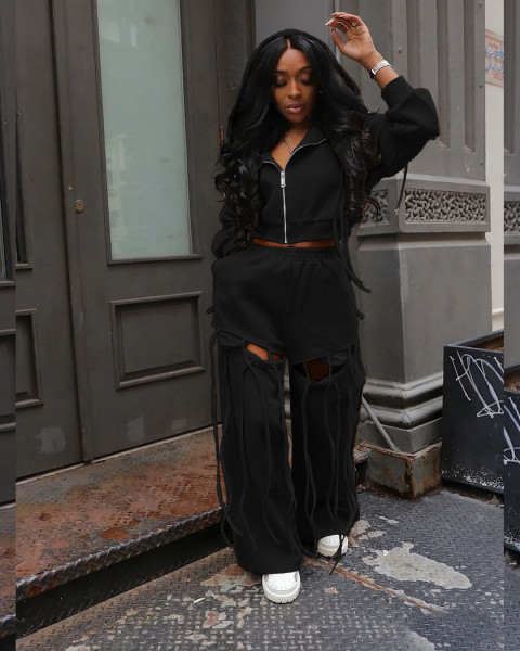 Hooded Zipper Sweatshirt with Pockets and Wide-Leg Pants Two-Piece Set