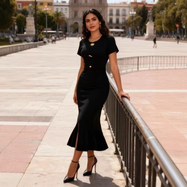 Gold metal buckle slit solid color long skirt round neck short sleeved hip hugging dress