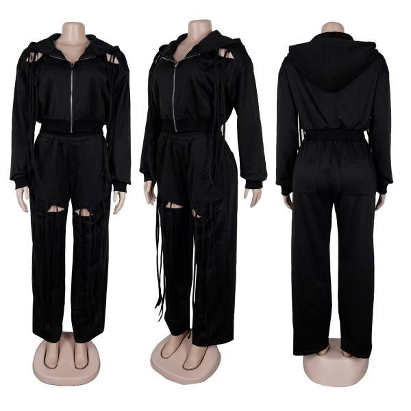 Hooded Zipper Sweatshirt with Pockets and Wide-Leg Pants Two-Piece Set
