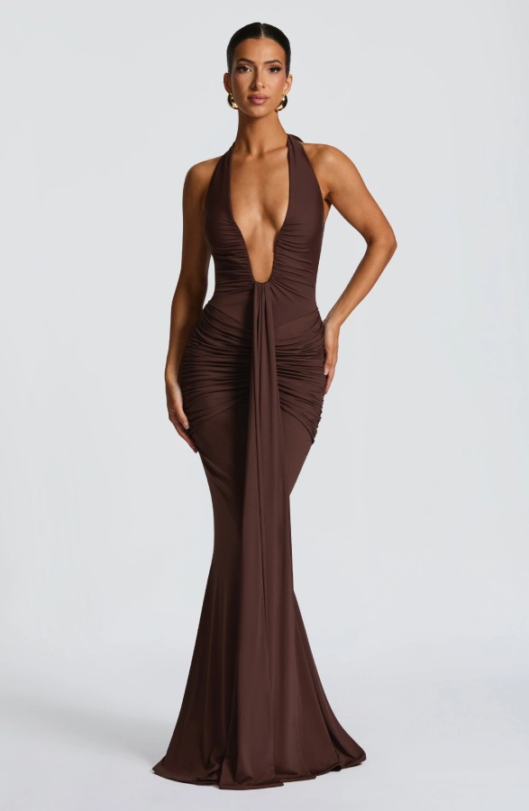 Deep V-neck off-shoulder ruffled dress