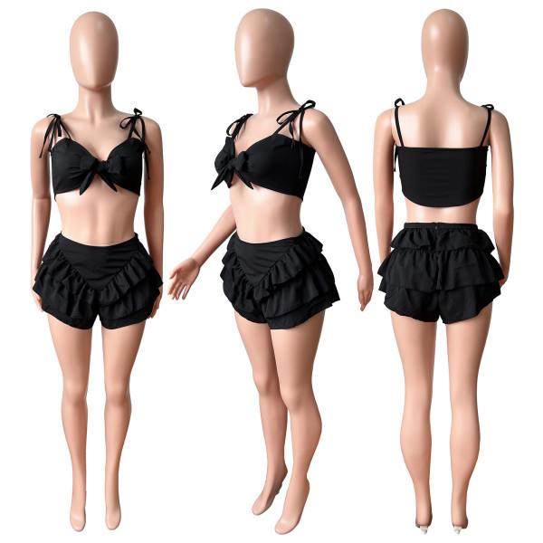 Lotus leaf edge chest tie strap two-piece set with hidden zipper