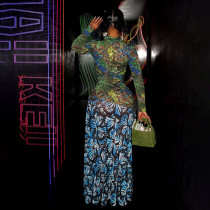 Digital Printed Netting Patchwork High-Waisted Maxi Dress