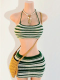 Two-piece dress with halter back, off-shoulder, waist-exposing, and color-blocked stripes