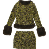 Mao collar patchwork V-neck top, hip hugging short skirt set