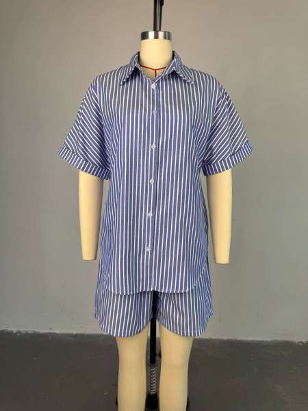 Blue and white striped loose shirt high waist wide leg shorts set