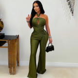 Hanging neck wide leg wrapped arm jumpsuit
