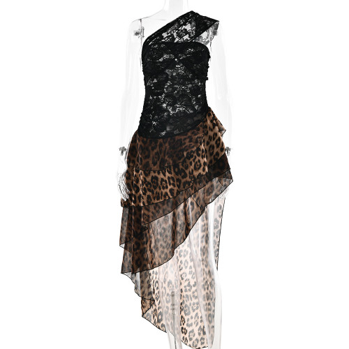 Leopard print chiffon long skirt with backless lace patchwork dress