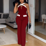Color blocking cross suspender elastic wide leg jumpsuit