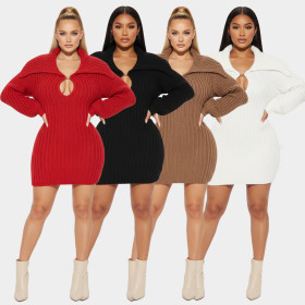 Large collar elastic lantern sleeve woolen dress