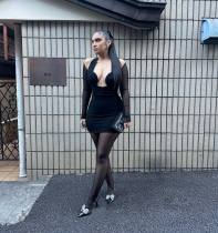 Long-sleeved maxi dress with detachable neck netting