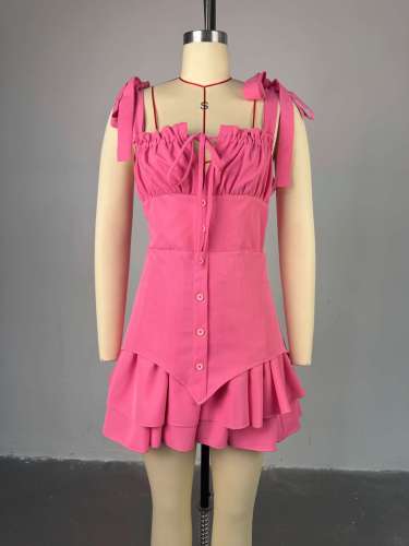 Bow tie buckle irregular suspender dress