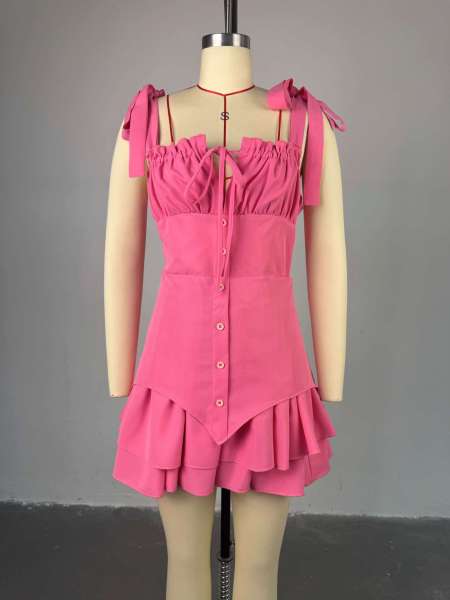 Bow tie buckle irregular suspender dress