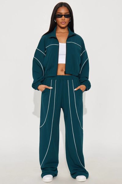Wide leg line color blocked stand up collar two-piece set