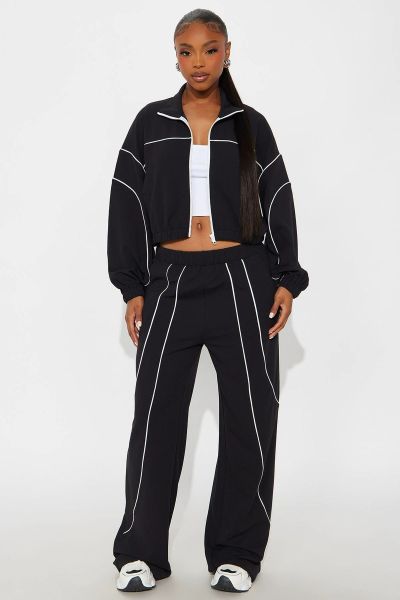 Wide leg line color blocked stand up collar two-piece set