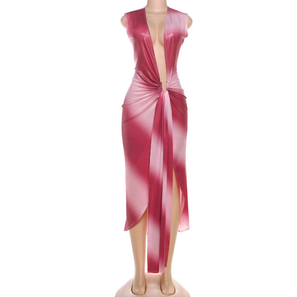 Deep V sleeveless high waisted slit irregular dress