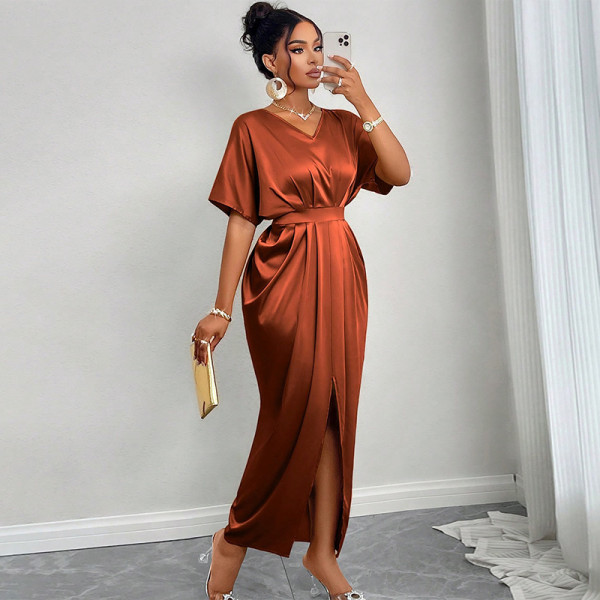 V-neck short sleeved high waisted one step slit dress long skirt