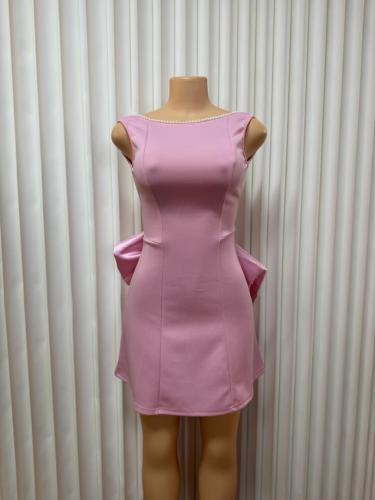 Pearl bow waist cinched backless A-line dress