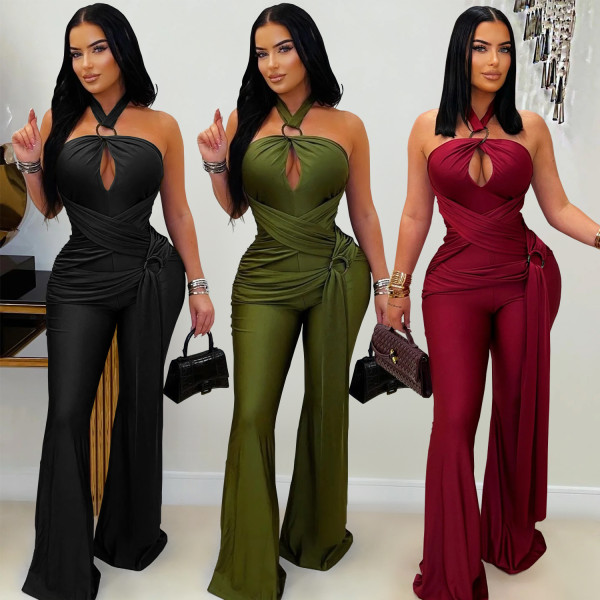 Hanging neck wide leg wrapped arm jumpsuit