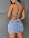 Hanging neck backless denim dress
