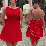 Pearl bow waist cinched backless A-line dress