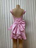 Pearl bow waist cinched backless A-line dress