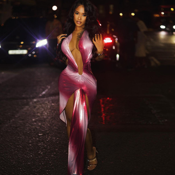 Deep V sleeveless high waisted slit irregular dress
