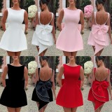 Pearl bow waist cinched backless A-line dress