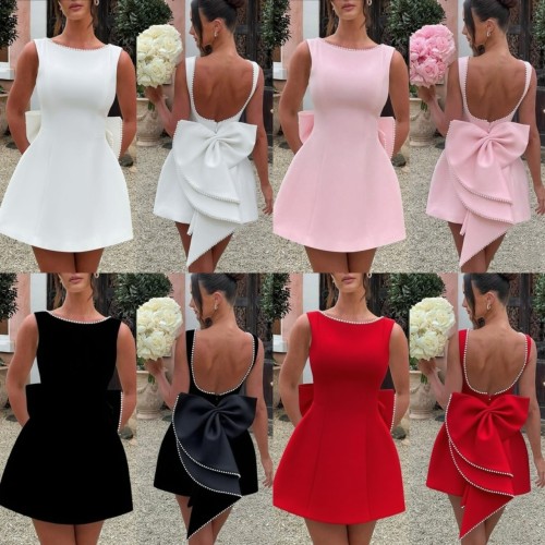 Pearl bow waist cinched backless A-line dress