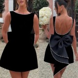 Pearl bow waist cinched backless A-line dress